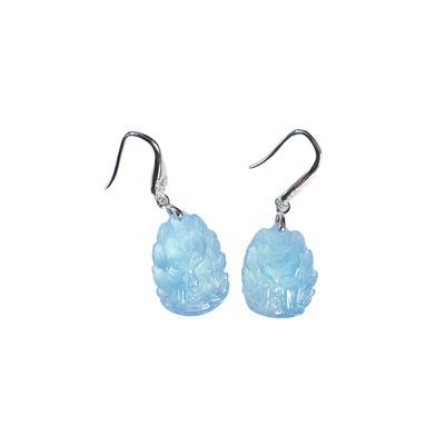 天然水晶海蓝宝雕刻狐仙纯银镶嵌款耳钉耳钩 女款水晶耳饰礼物