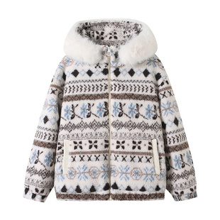 秋冬女士时尚 复古费尔岛提花大毛领仿羊羔毛羽绒服外套CD2519