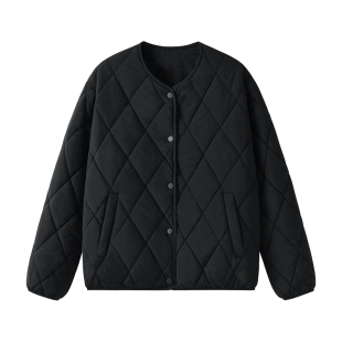 名创优品棉服女款2026新款冬季无领菱格保暖棉衣女轻薄夹棉外套D
