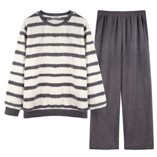 好波【男女同款】珊瑚绒家居服套装套头大码时尚条纹睡衣HJR2559