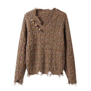 白口阳【小熊日记】小熊公仔破坏V领毛衣复古慵懒冬季潮牌针织衫