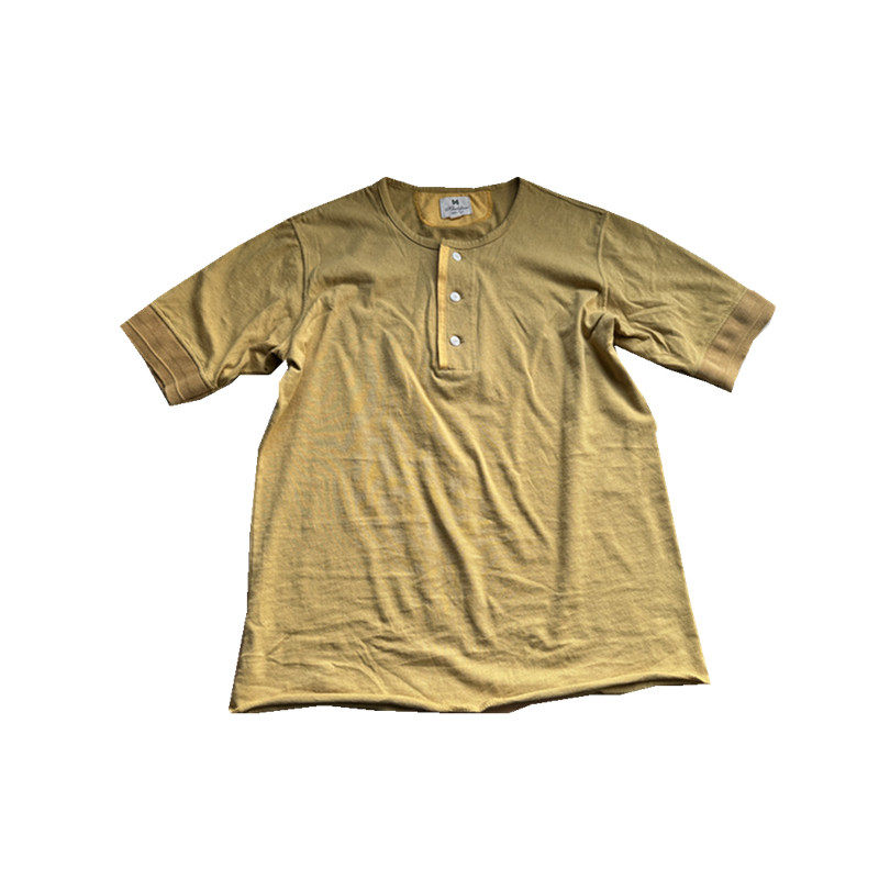 咔叽范美式复古纯棉双纱磨毛轻磅高密亨利领修身亲肤T恤RRL风格