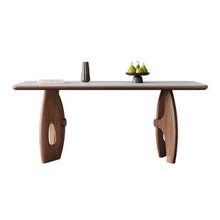 中古风岩板餐桌长方形2025新款家用餐厅一桌四椅胡桃木色实木餐桌