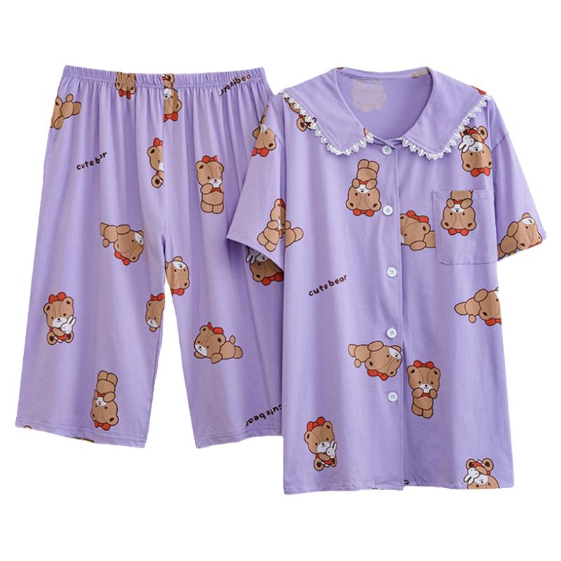 夏季纯棉娃娃领大码睡衣套装女