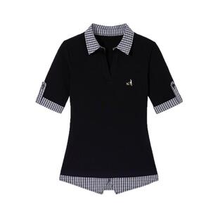 沈月同款PSO Brand女装假两件格子短袖条纹POLO领修身显瘦夏正肩