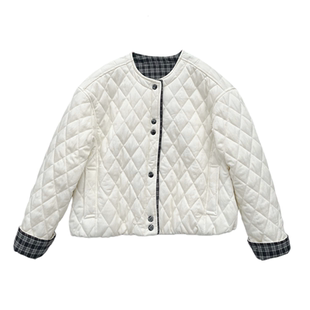 小小家小个子格子拼接短款棉服韩版圆领菱形格小清新夹棉厚款外套