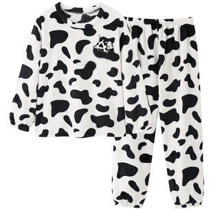 奶牛女童珊瑚绒睡衣秋冬薄款中大童法兰绒2025新款儿童家居服套装