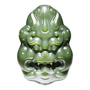 玉奕玉雕工作室新疆和田玉籽料沙枣青守护兽面玉牌挂件吊坠