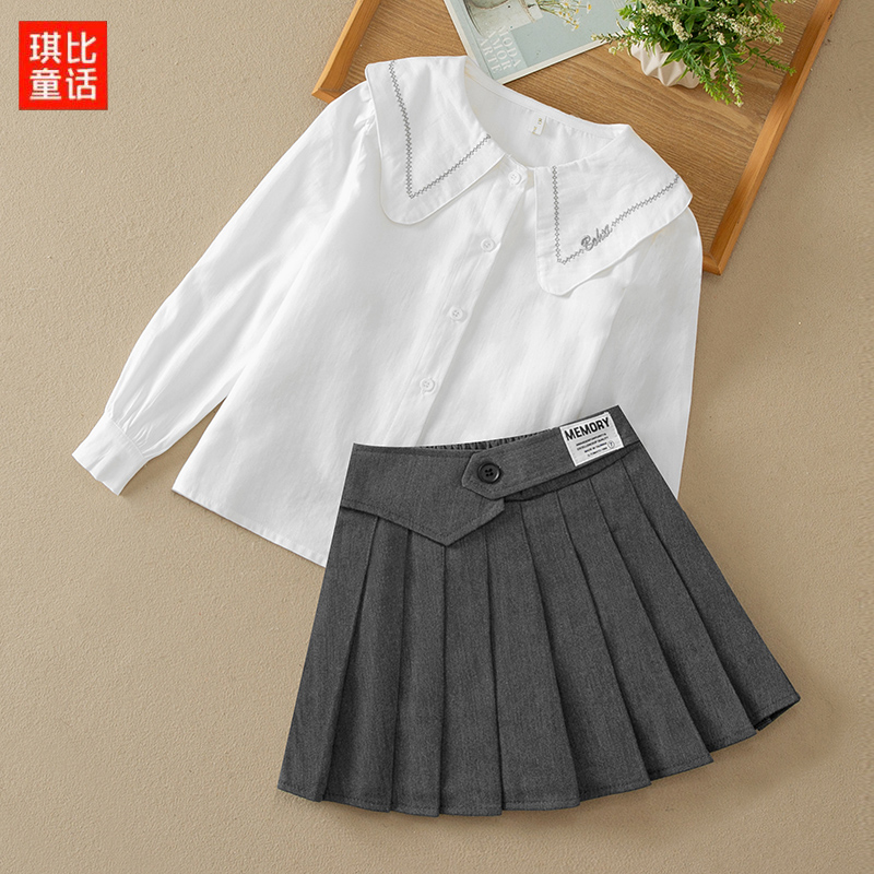 新疆包邮女童套装秋装2025新款洋气学院风白衬衣儿童时髦jk短裙套