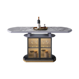 蓝色理想轻奢岩板餐桌现代简约可变圆桌储物饭桌家用小户型餐桌