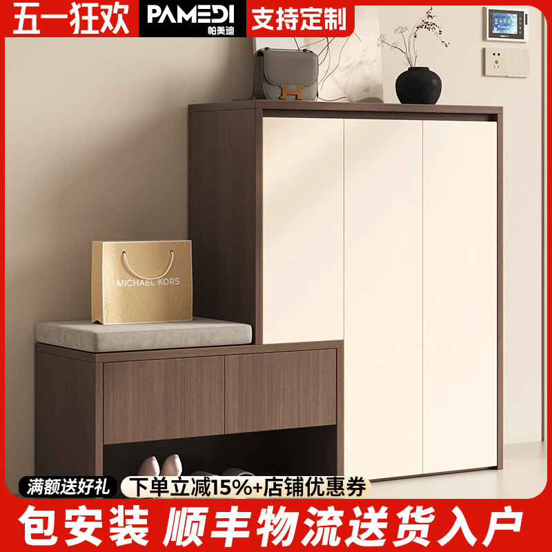 实木鞋柜坐凳一体家用门口玄关入户换鞋凳可定制简易防尘收纳柜子