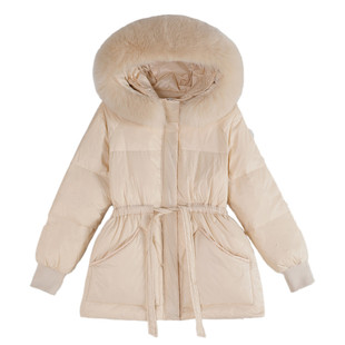 韩式短款连帽羽绒服女黑色超大真毛领白鸭绒保暖外套系带收腰加厚