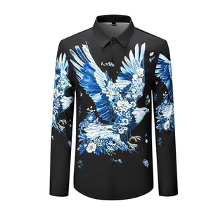 轻奢男装动物飞鹰数码印花烫钻长袖衬衫免烫抗皱丝滑修身衬衣潮M