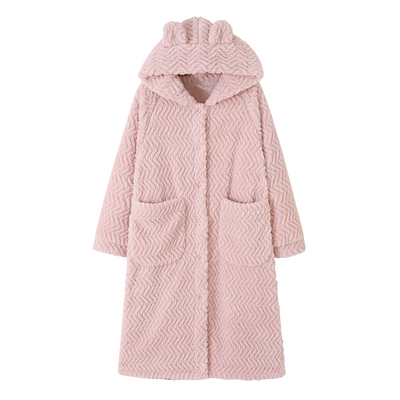 芬腾女士睡袍珊瑚绒秋冬加厚连帽睡衣女款法兰绒可外穿家居服浴袍