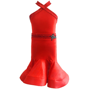 拉丁舞表演服女童高档比赛服花服专业练功服红色喜庆儿童演出服