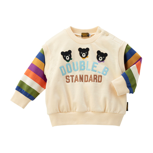 MIKIHOUSE日本制卫衣熊头刺绣彩色条纹保暖毛绒上衣秋冬DOUBLE_B