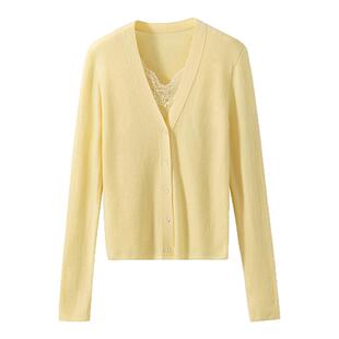 【60支新澳纱线】假两件设计 蕾丝拼接V领坑条显瘦套头针织衫上衣