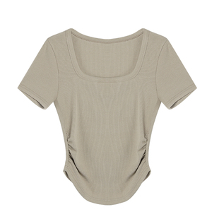 NEVA HU【现货6折】黑色方领短袖短款上衣女修身锁骨内搭正肩T恤