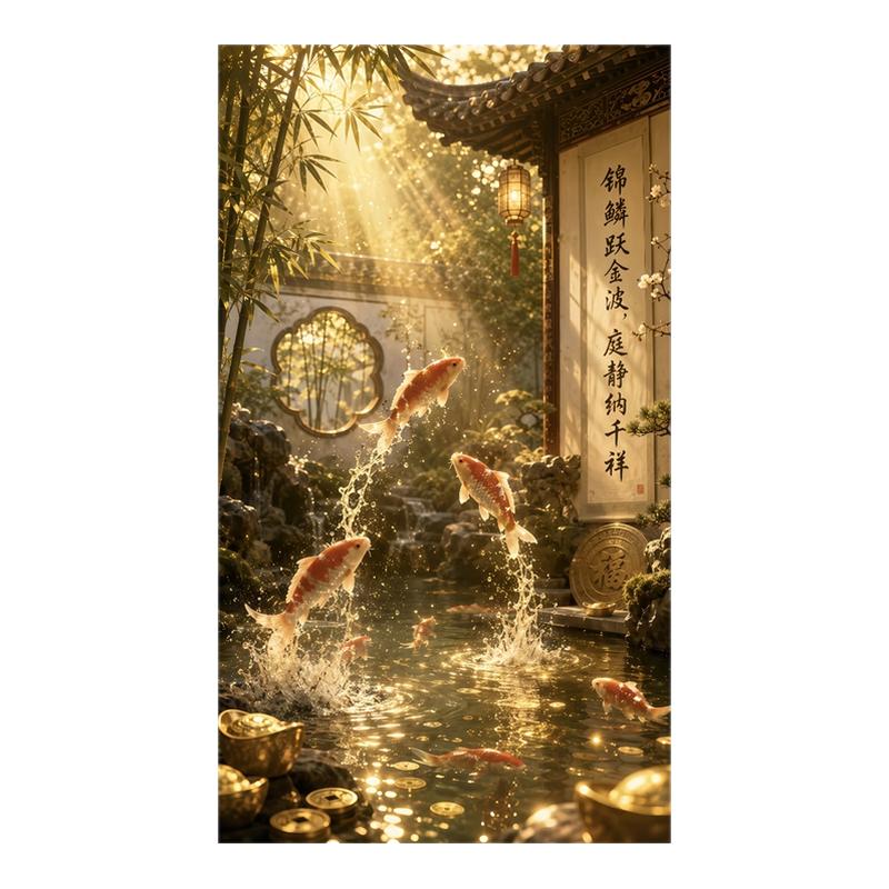 锦鳞跃金波古风庭院锦鲤墙贴纸不留胶入户门茶室禅意吉祥招财贴纸