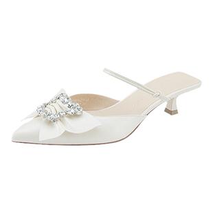 DFuse夏季春季羊皮蝴蝶结高跟单鞋水钻穆勒半拖外穿DF31114251