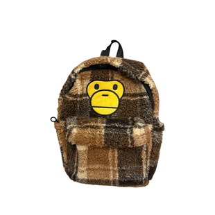 可爱毛绒猴子双肩包百搭英伦风毛毛格子背包美拉德棕色迷你小书包