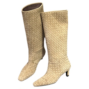 IDO2025新款今年流行爆款靴子女编织皮不过膝长靴女棕色靴子女秋