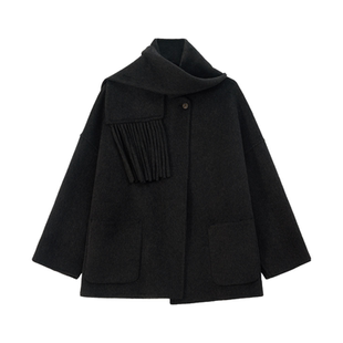 IC气质通勤围巾领双面呢大衣女2026新款秋冬高级设计感宽松呢外套