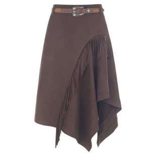 wana try麂皮不对称流苏装饰棕咖色半裙含腰带2025秋季新款流浪感