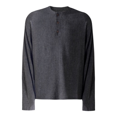 男士亨利领长袖T恤褶皱肌理两侧抽绳树枝纹百搭打底上衣休闲衬衫