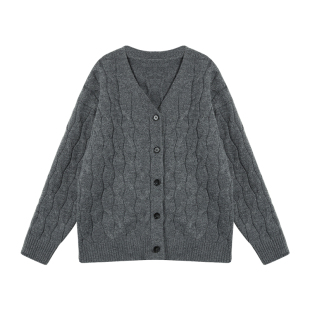 MULVAN 红色麻花毛衣女开衫韩版设计感宽松v领针织外套