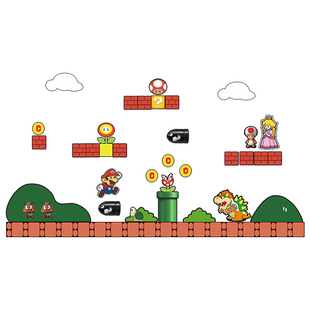 儿童区小房间布置床头装饰男孩卧室改造游戏互动墙面马里奥贴纸画