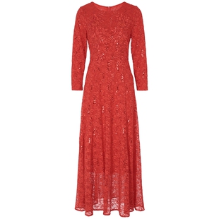 马天奴女装秋冬新款红色蕾丝绣花连衣裙收腰气质高级长裙洋气礼裙