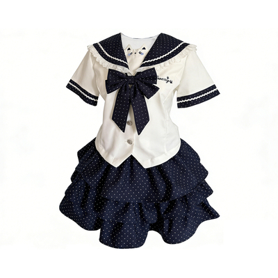 星点猫屿JK收腰水手服短袖波点