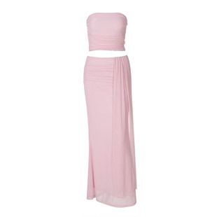 网纱裹胸上衣纯色半身长裙套装 Mesh Bandeau Maxi Skirt Outfit