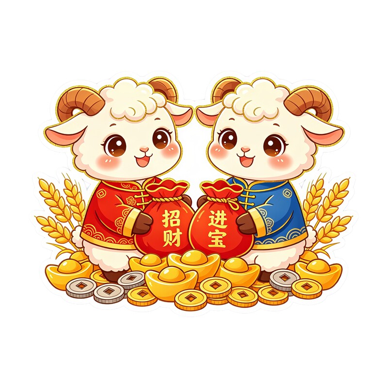 双羊招财进宝墙贴贴纸国风小羊福袋金元宝麦穗新春喜庆装饰贴纸画