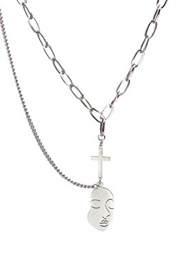 CRIVLA欧美风双层美人脸十字架钛钢项链不褪色时尚男女个性毛衣链