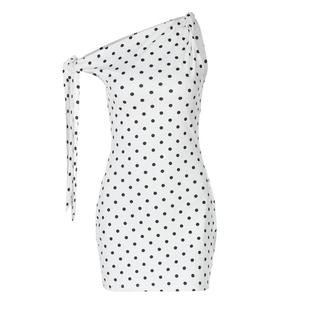 shemoda欧美风波点印花斜领系绳吊带无袖连衣裙女 弹力修身包臀裙
