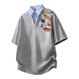 查尔斯桃心 美式卡通印花假两件POLO短袖T恤夏季宽松情侣半袖男女