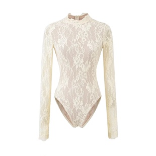 辣妹双层浮雕蕾丝连体衣女外穿春秋季连裆修身性感打底衫连体上衣