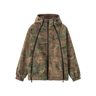 SprayGround鲨鱼嘴迷彩三拉链连帽棉服夹克男加绒加厚保暖外套冬