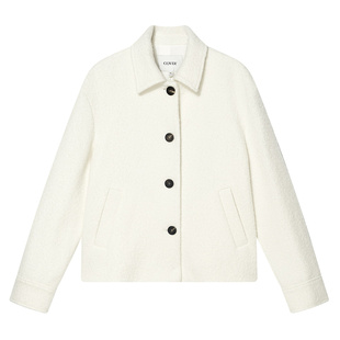 COVERINS白色100羊毛颗粒绒箱型翻领外套女宽松CC34510100