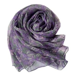 紫色花真丝桑蚕丝护颈薄款丝巾围巾妈妈春秋季长款东风纱百搭纱巾