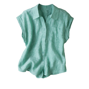 轻松拿捏时髦~凉爽V领单口袋衬衫小直筒显瘦花纱全亚麻衬衫上衣女