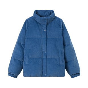 大嘎daga灯芯绒蓝色羽绒服女2025新款立领无帽学院风加厚短款外套