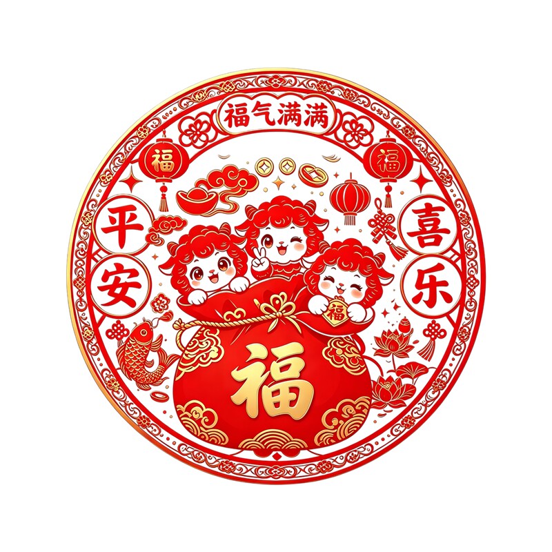 福袋三小羊圆形窗花剪纸贴画平安喜乐羊年新年锦鲤吉祥自粘贴纸画