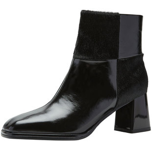 奥莱Nine West/玖熙2025冬时装靴女方头高跟拼接毛皮短靴通勤