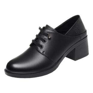 木林森女鞋真皮新款粗跟单鞋休闲小皮鞋女士黑色通勤中跟妈妈鞋子