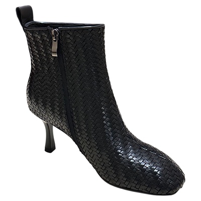 欧美2025秋冬新款女鞋编制真皮圆头细跟复古高级百搭加绒高跟短靴