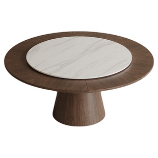 中古风圆形餐桌旋转伸缩复古变径圆桌岩板转盘家用小户型变形餐桌