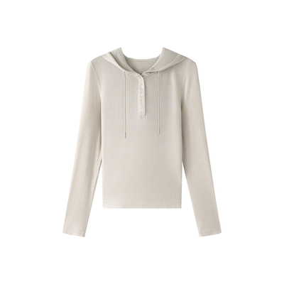 小禾【纪念日】莫代尔羊绒羊毛混纺半开襟纽扣微弹修身简约帽衫